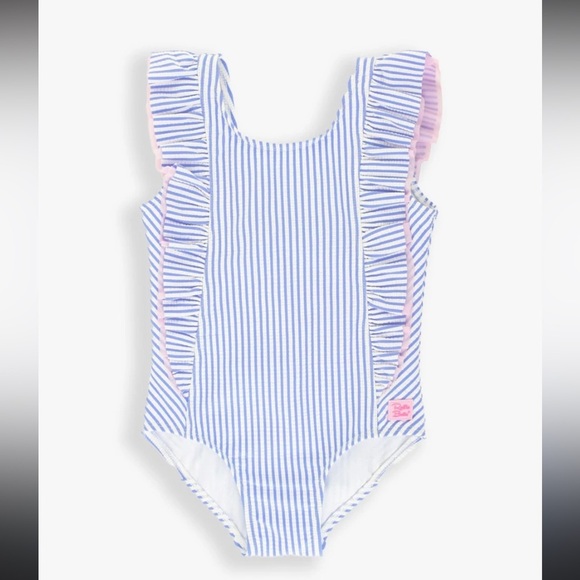 RUFFLE BUTTS VGUC Seersucker Waterfall One Piece Swimsuit size 8 - Picture 1 of 12